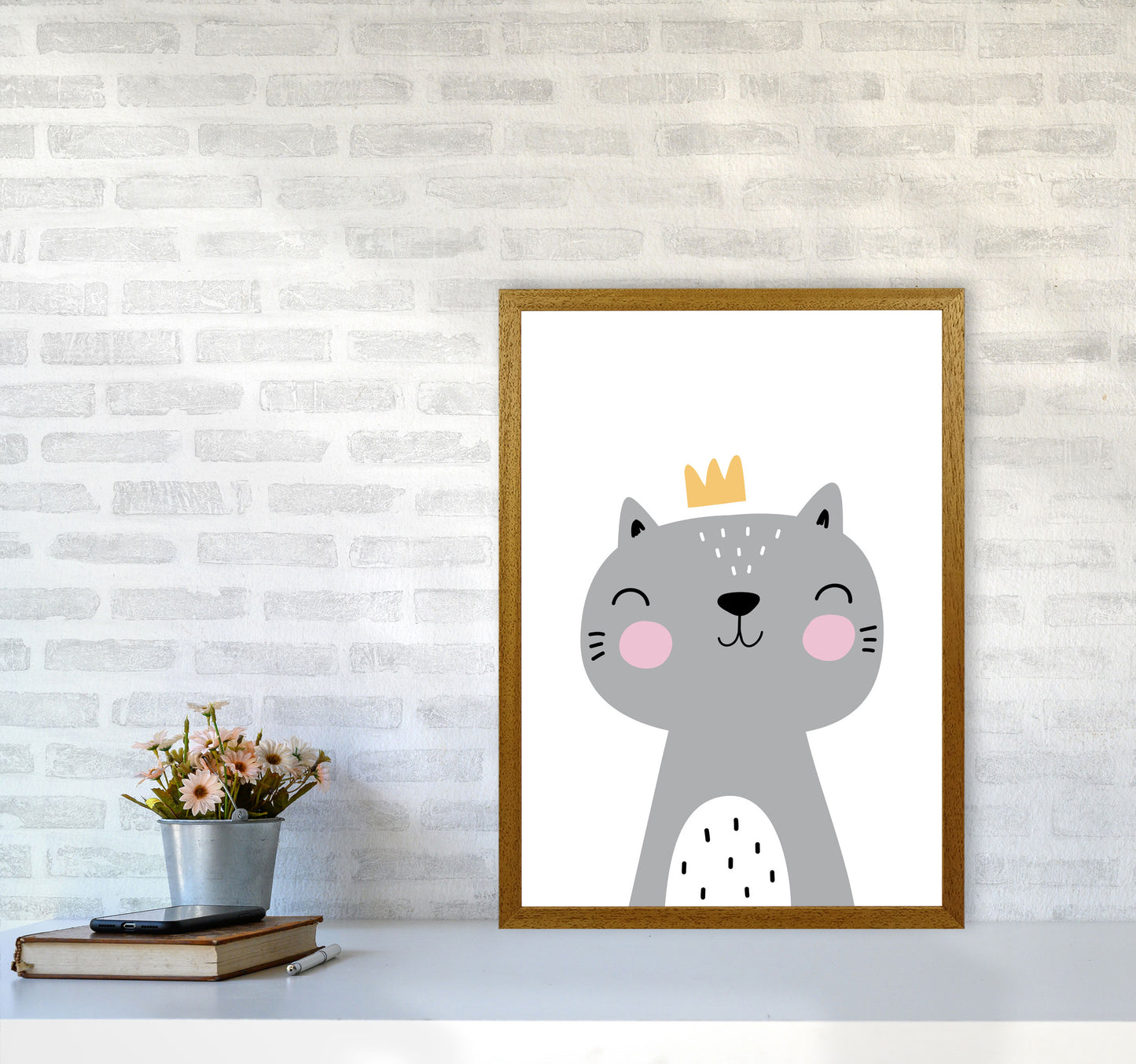 Grey Scandi Cat With Crown Modern Print Animal Art Print A2 Print Only