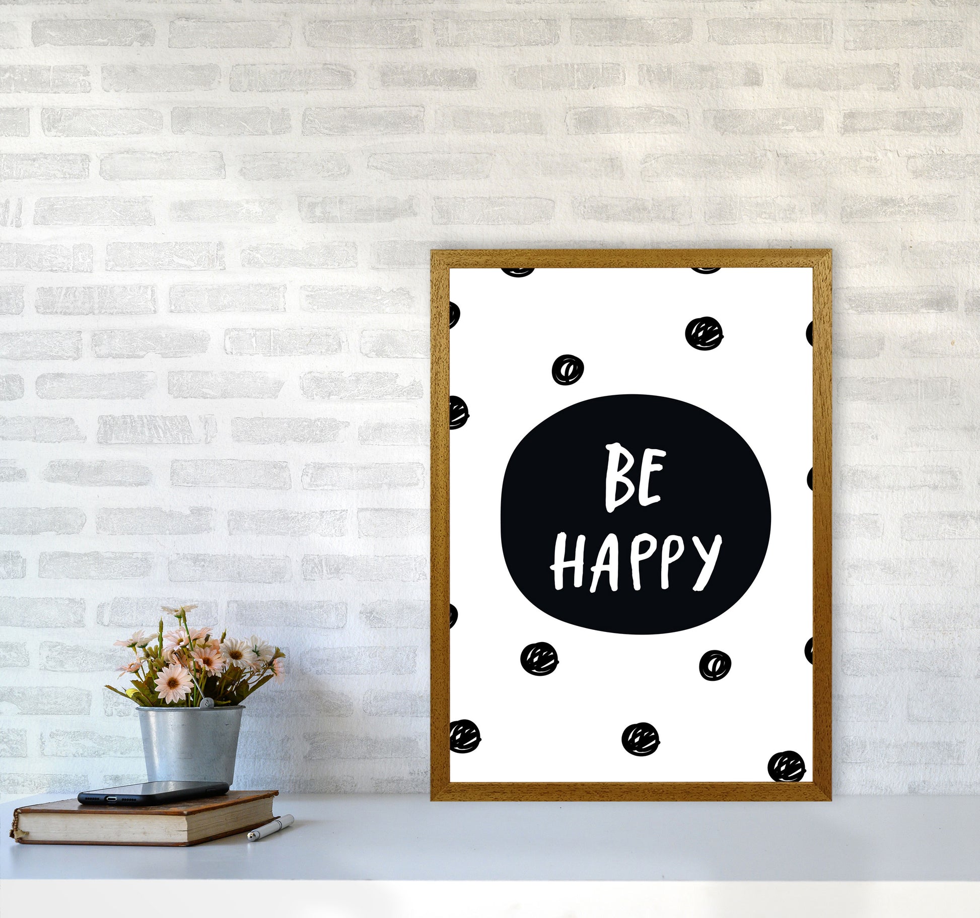 Be Happy Polka Dot Framed Typography Wall Art Print A2 Print Only