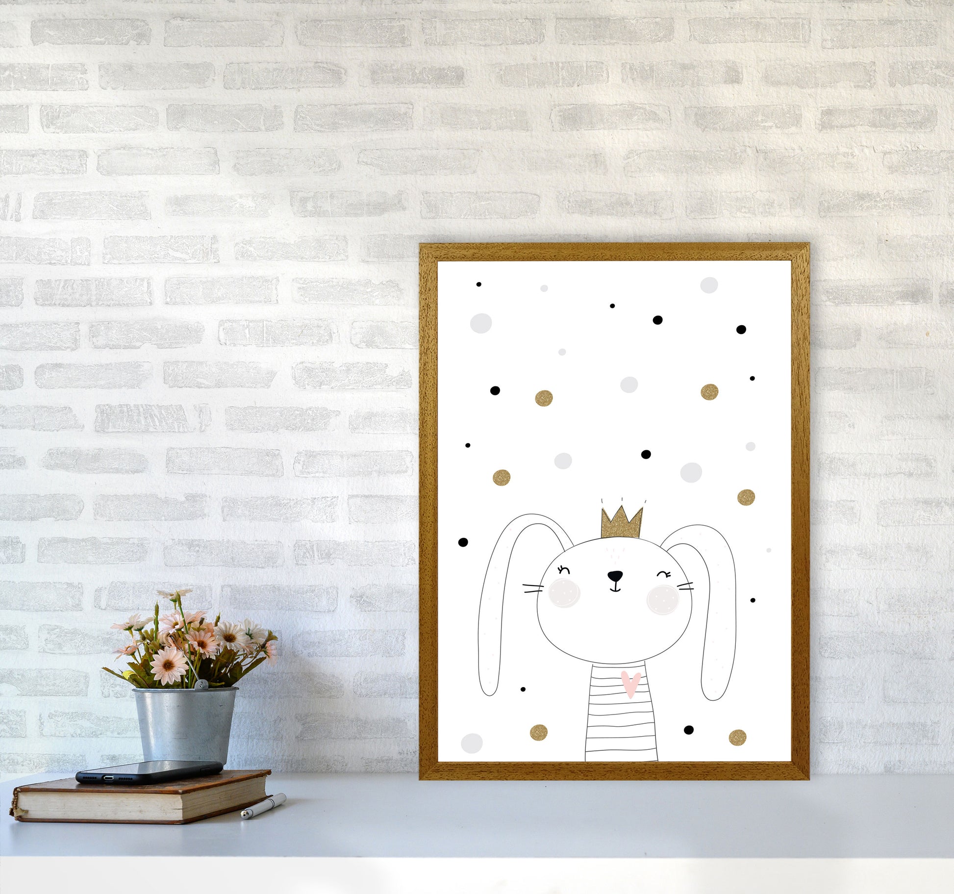 Scandi Cute Bunny With Crown And Polka Dots Modern Print A2 Print Only