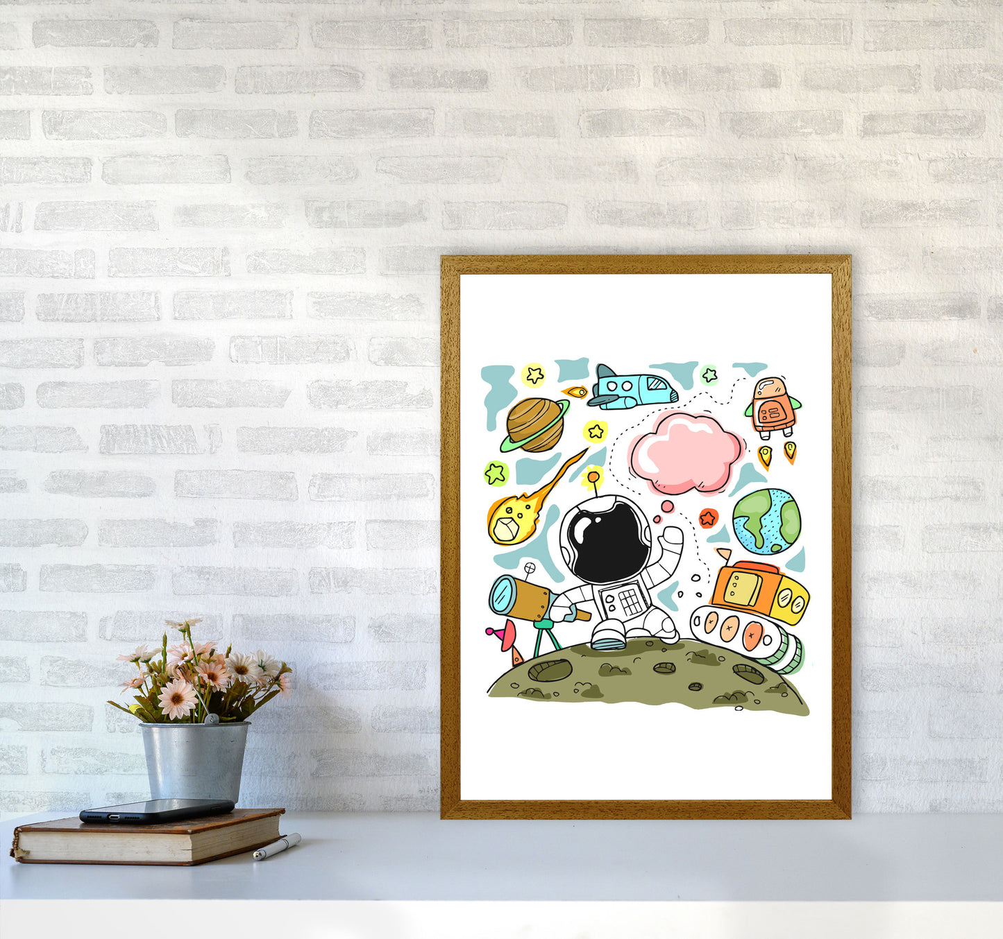 Space Illustration Framed Nursey Wall Art Print A2 Print Only