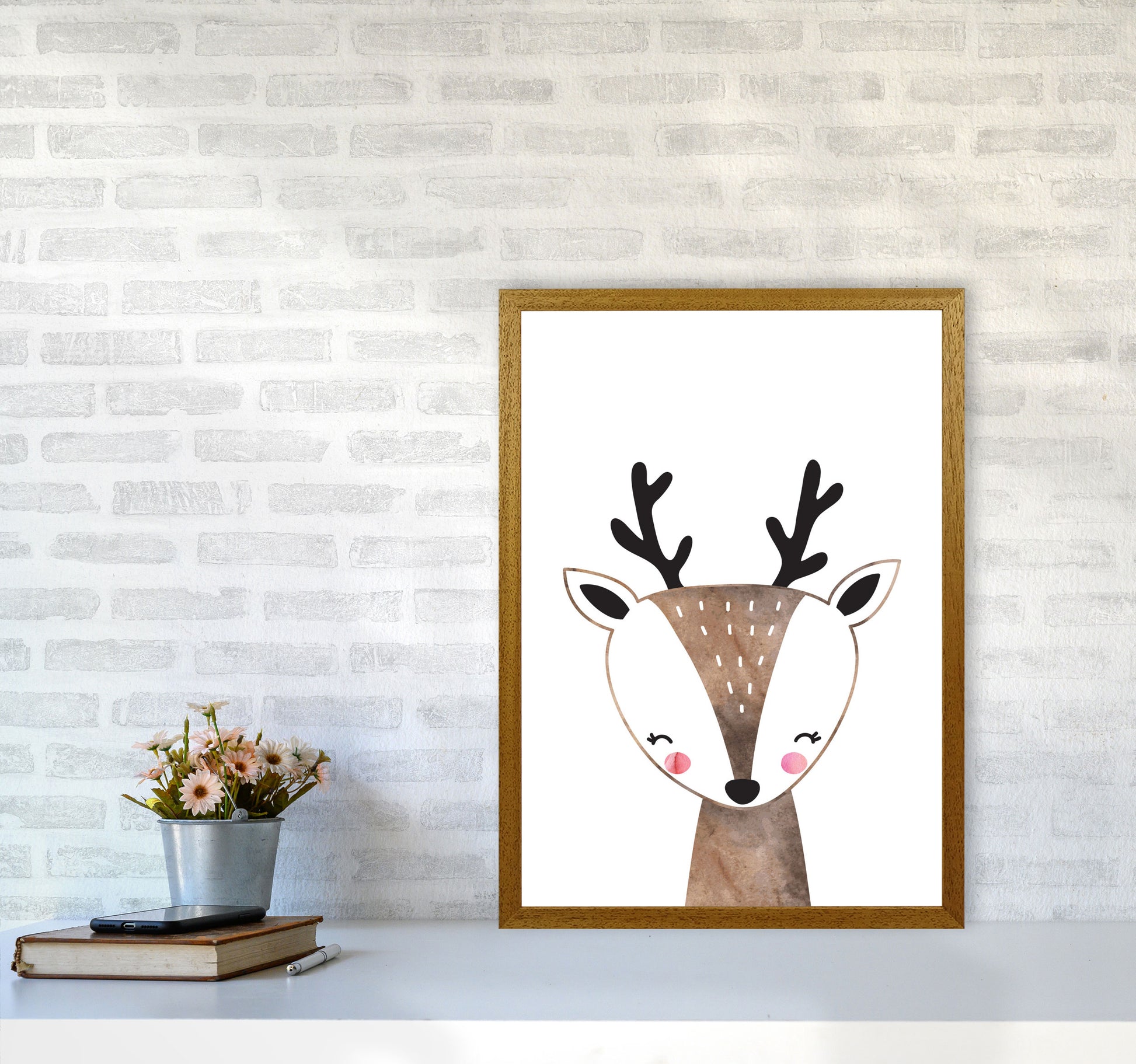 Scandi Brown Deer Watercolour Framed Nursey Wall Art Print A2 Print Only
