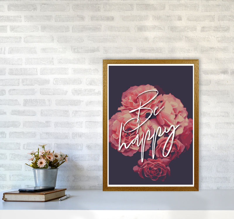 Be Happy Floral Modern Print, Framed Botanical & Nature Art Print A2 Print Only