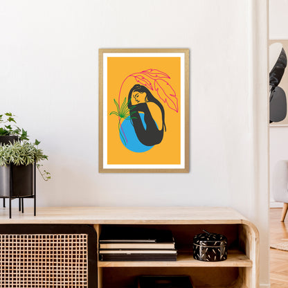Girl Under Plant Yellow Neon Funk  Art Print by Pixy Paper A2 Print Only