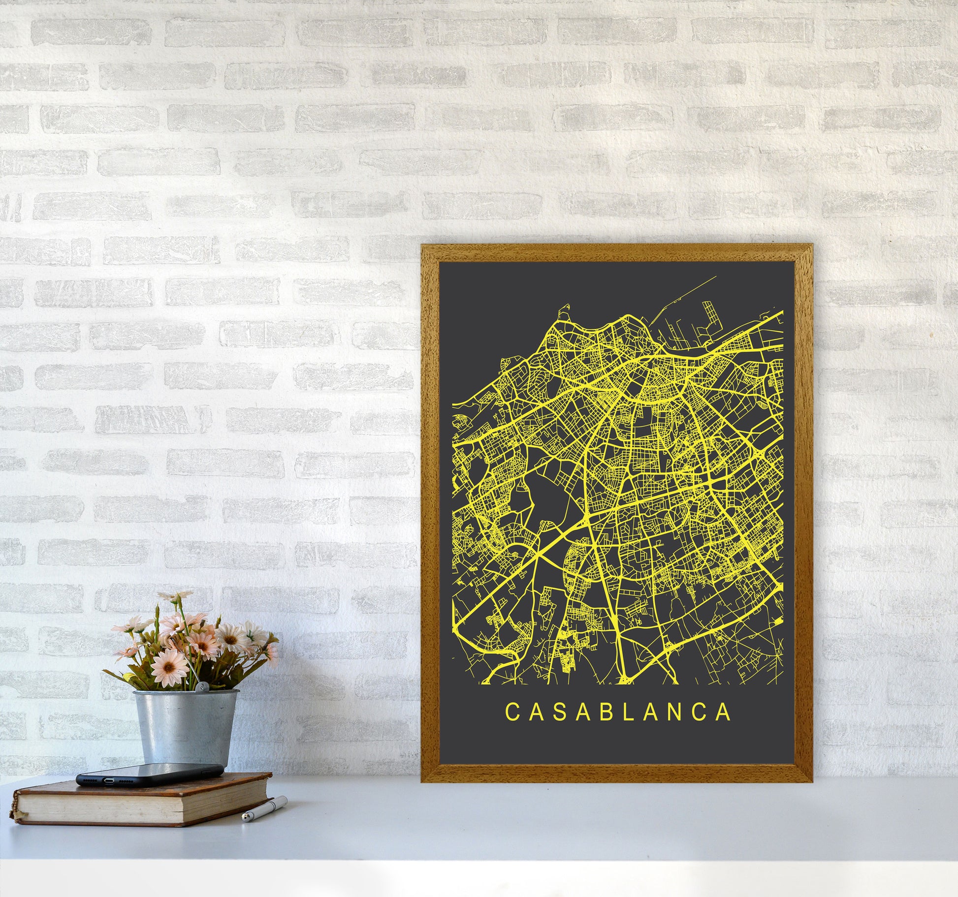 Casablanca Map Neon Art Print by Pixy Paper A2 Print Only