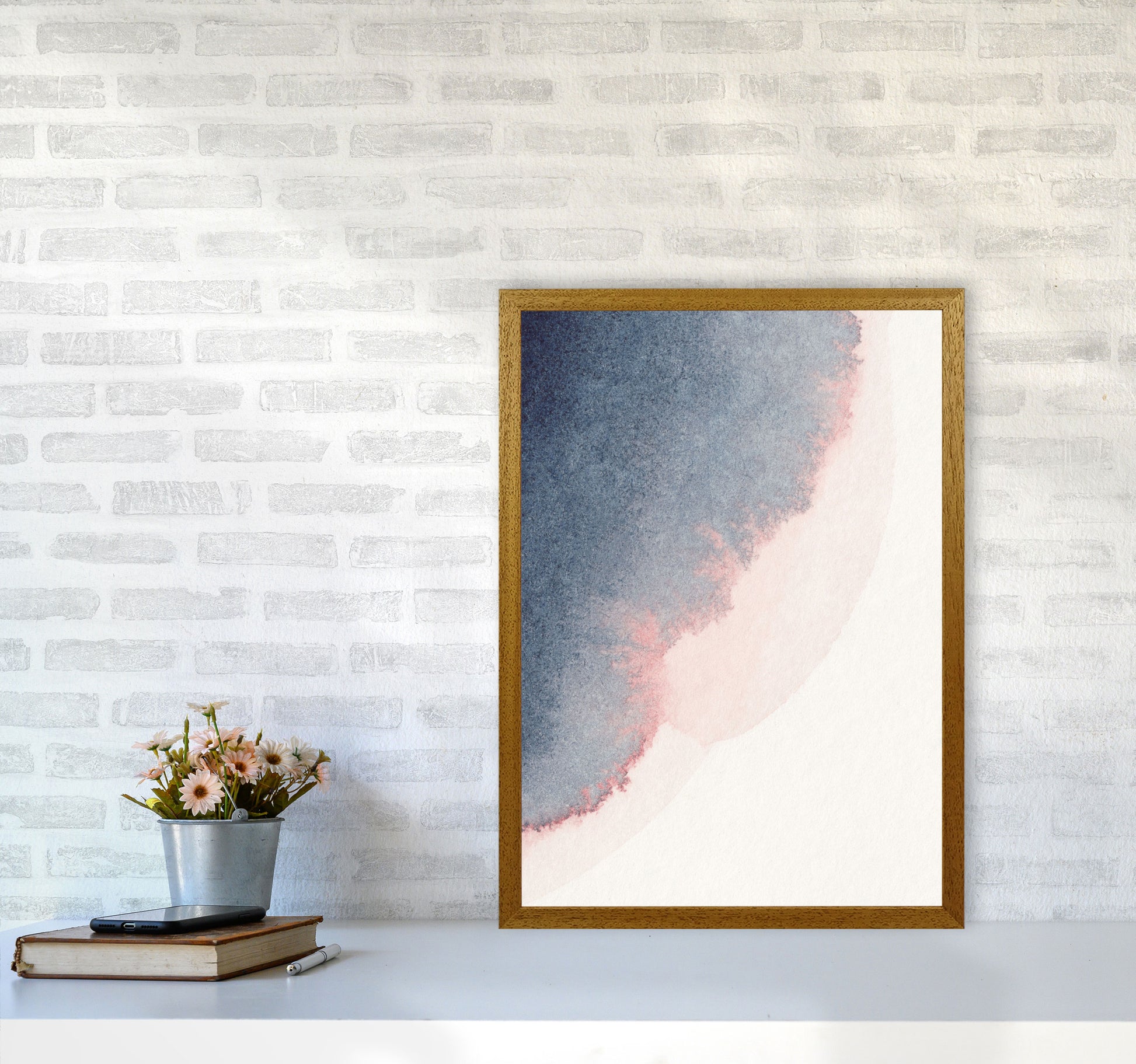 Sand Pink and Navy Watercolour 02 Art Print by Pixy Paper A2 Print Only
