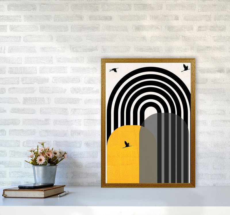 Giant rainbow with birds mustard Art Print by Pixy Paper A2 Print Only