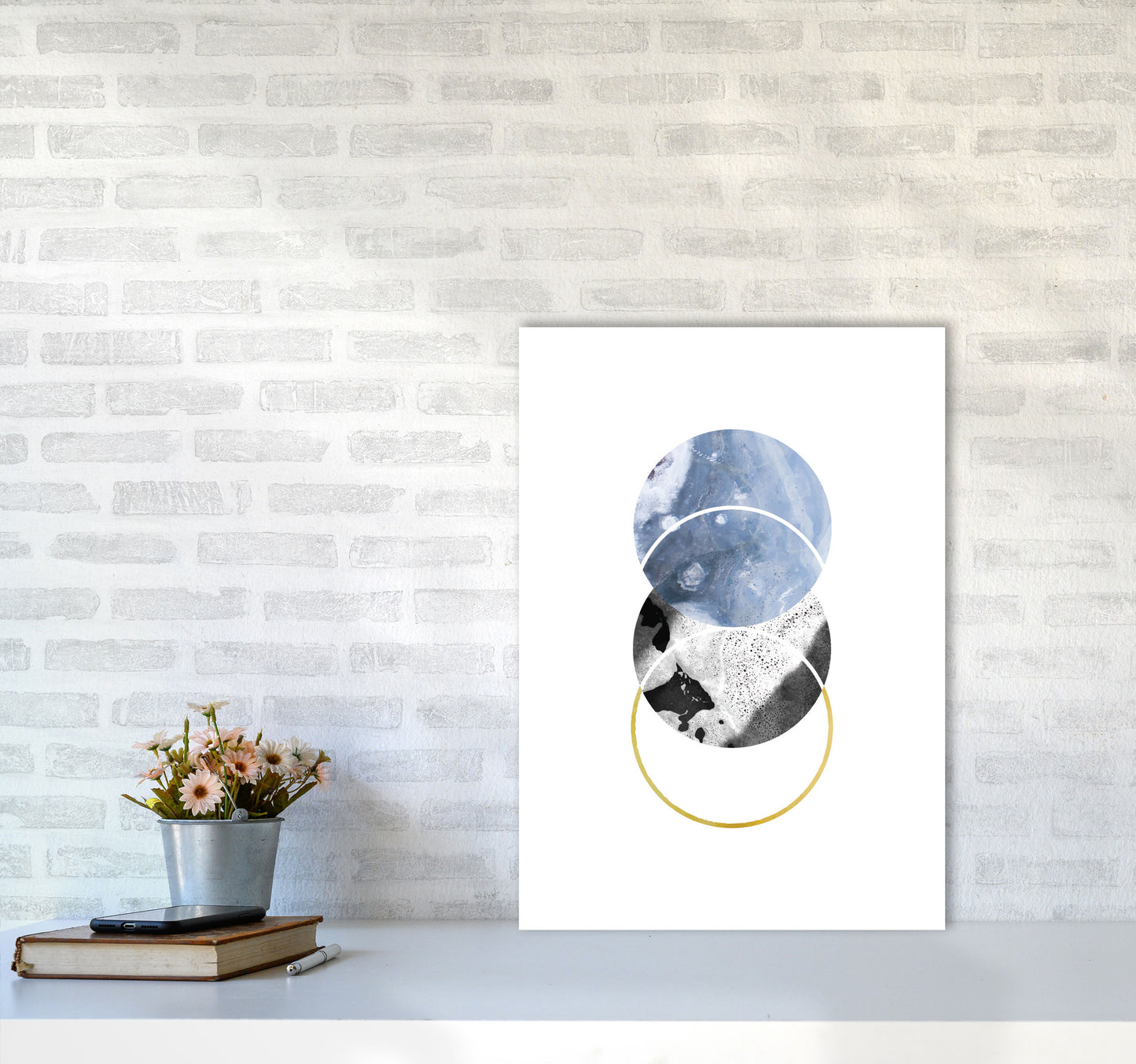 Blue And Gold Abstract Circles Modern Print A2 Black Frame