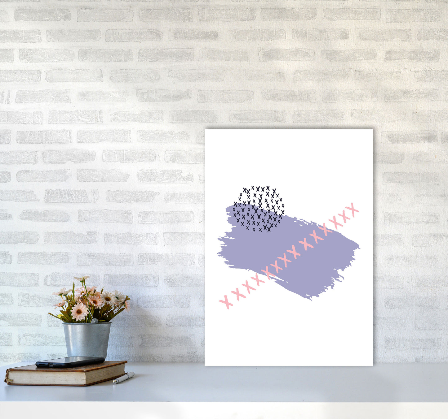 Purple X Paint Brush Abstract Modern Print A2 Black Frame