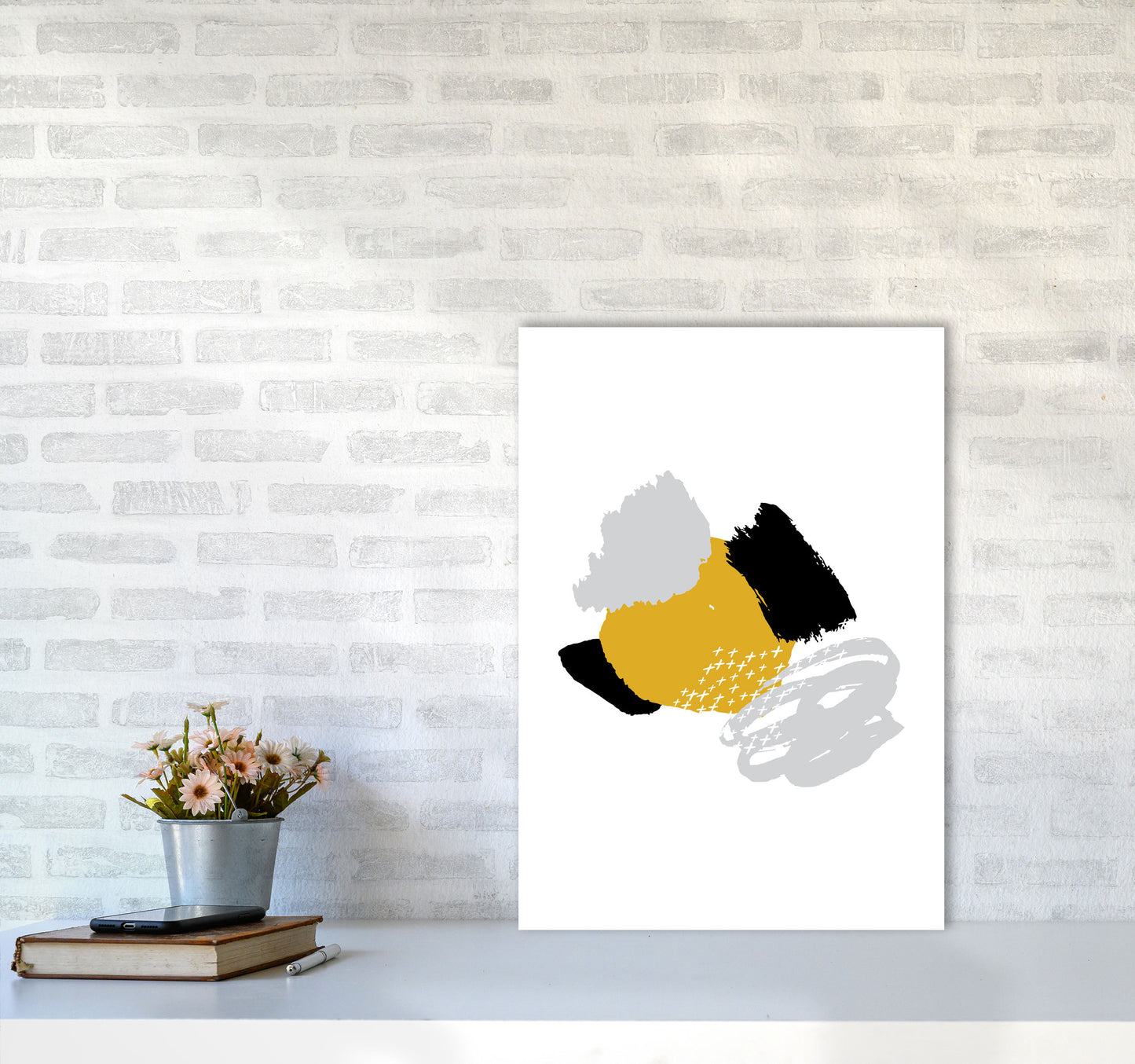 Mustard And Black Mismatch Abstract Modern Print A2 Black Frame