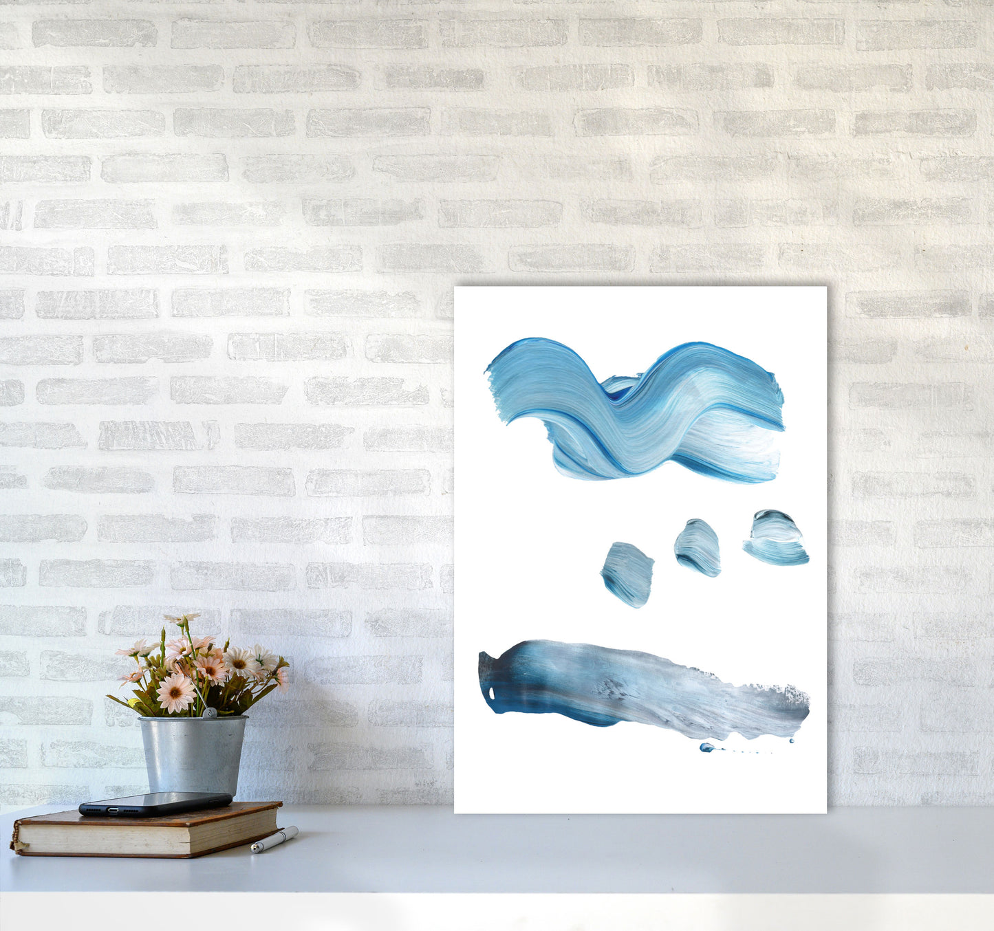 Light Blue Abstract Paint Strokes Modern Print A2 Black Frame