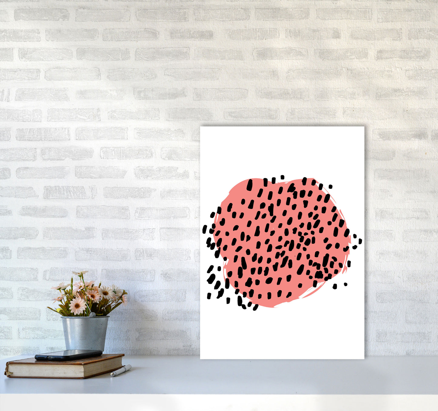 Coral Blob With Black Polka Dots Abstract Modern Print A2 Black Frame