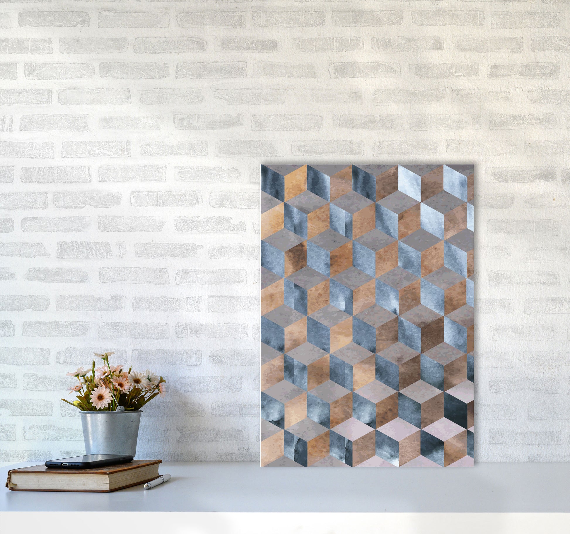 Blue, Grey And Brown Abstract Watercolour Box Modern Print A2 Black Frame