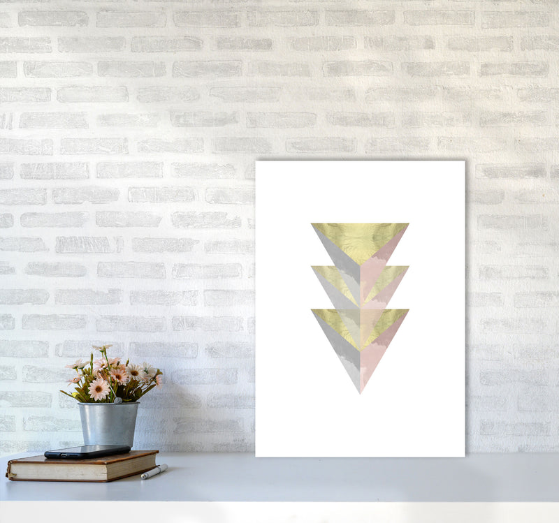 Gold, Pink And Grey Abstract Triangles Modern Print A2 Black Frame