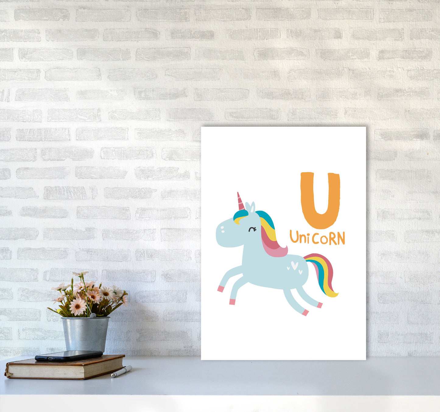 Alphabet Animals, U Is For Unicorn Framed Nursey Wall Art Print A2 Black Frame