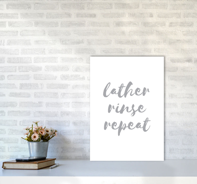 Lather Rinse Repeat Grey, Bathroom Modern Print, Framed Bathroom Wall Art A2 Black Frame