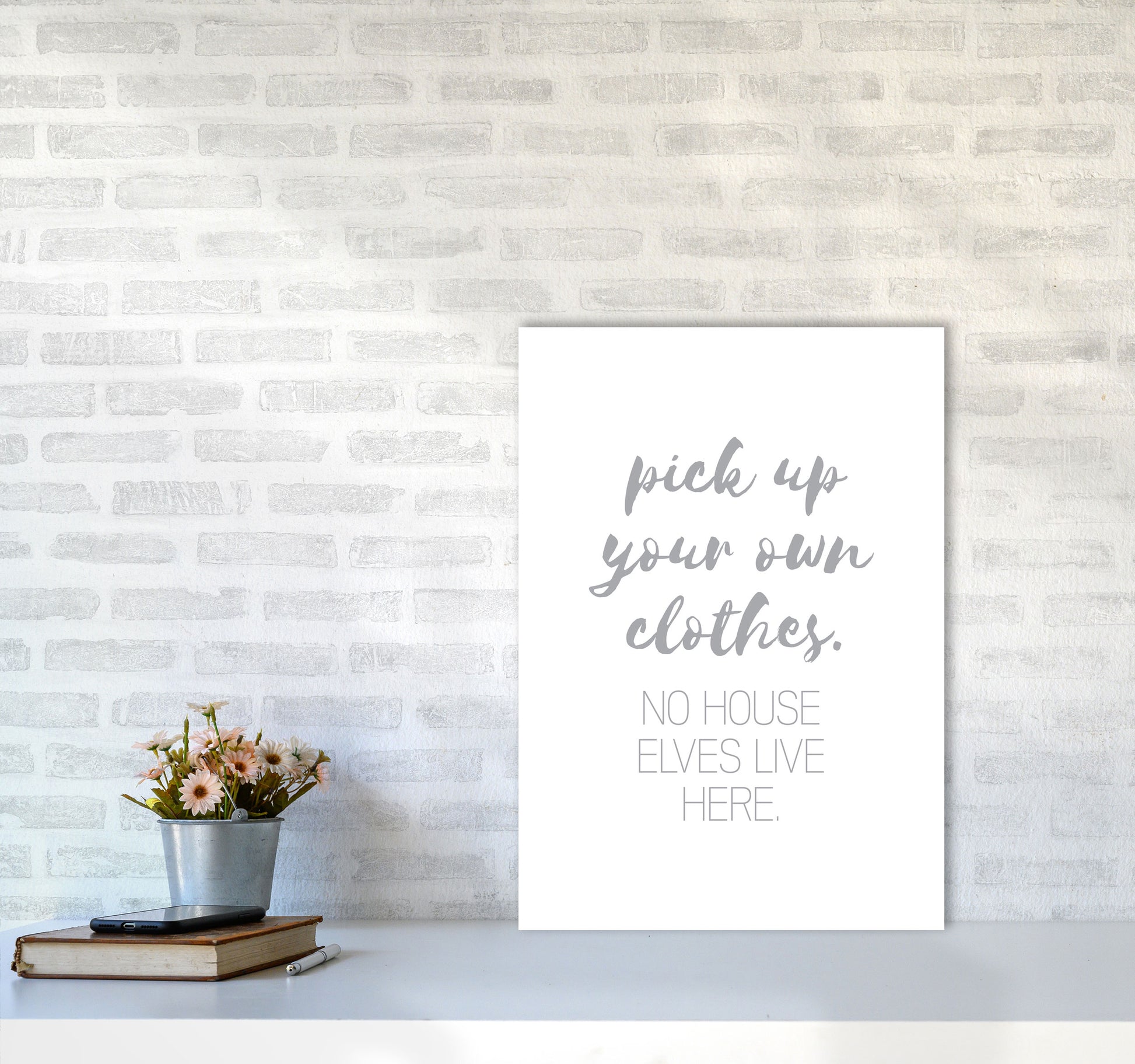 House Elves Grey, Bathroom Framed Typography Wall Art Print A2 Black Frame