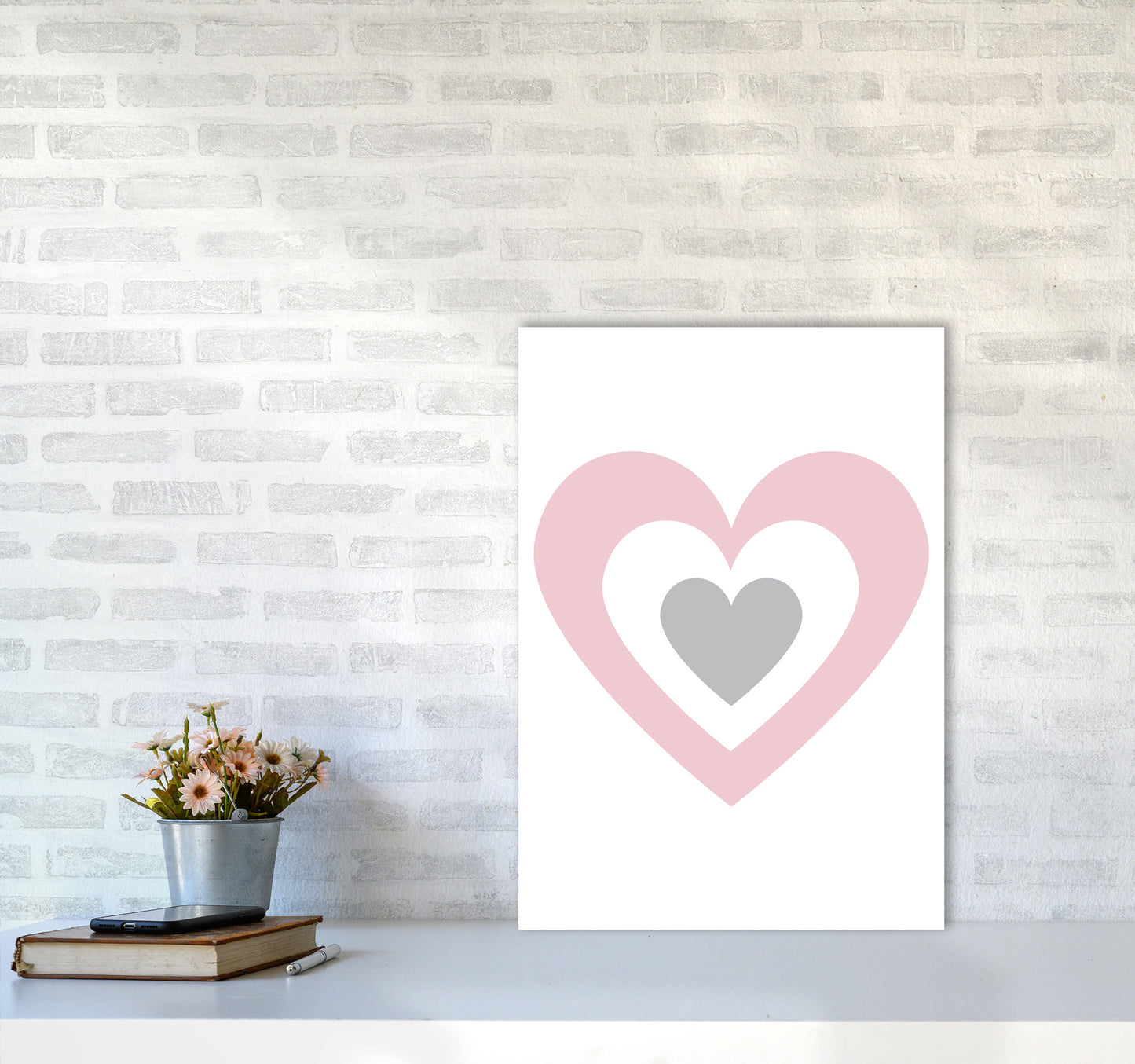 Pink And Grey Heart Modern Print A2 Black Frame