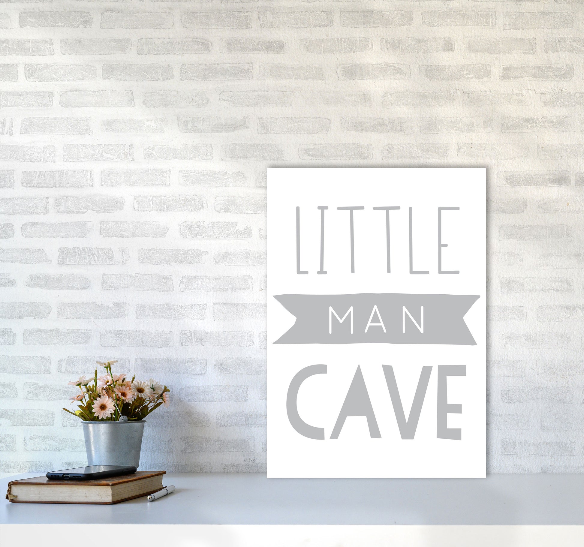 Little Man Cave Grey Banner Framed Nursey Wall Art Print A2 Black Frame