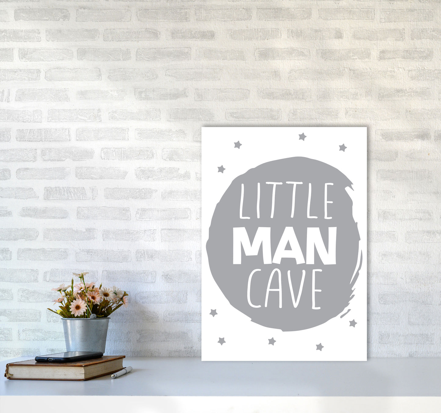 Little Man Cave Grey Circle Framed Nursey Wall Art Print A2 Black Frame
