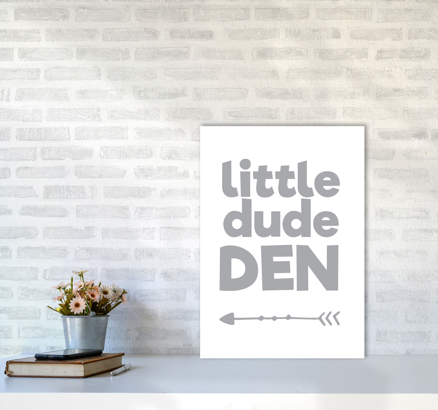 Little Dude Den Grey Framed Nursey Wall Art Print A2 Black Frame