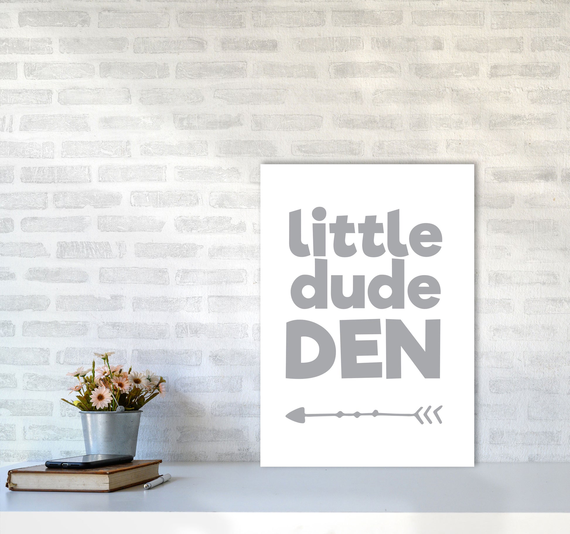Little Dude Den Grey Framed Nursey Wall Art Print A2 Black Frame