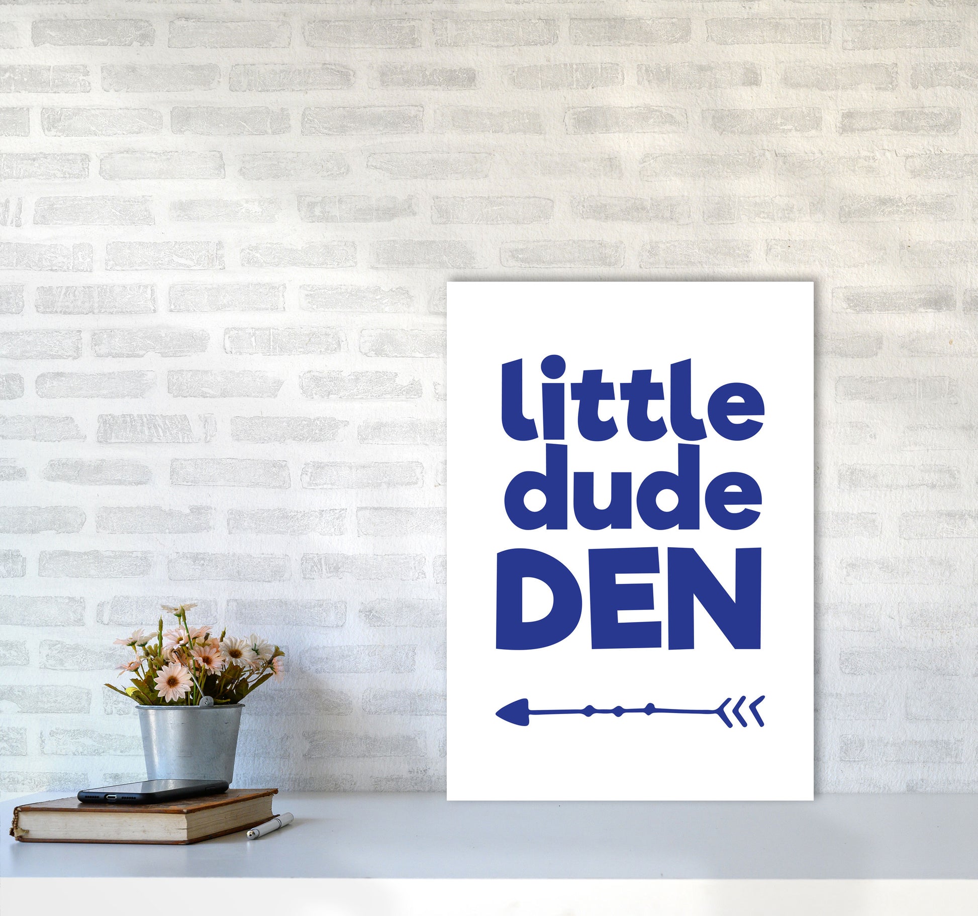 Little Dude Den Navy Framed Nursey Wall Art Print A2 Black Frame