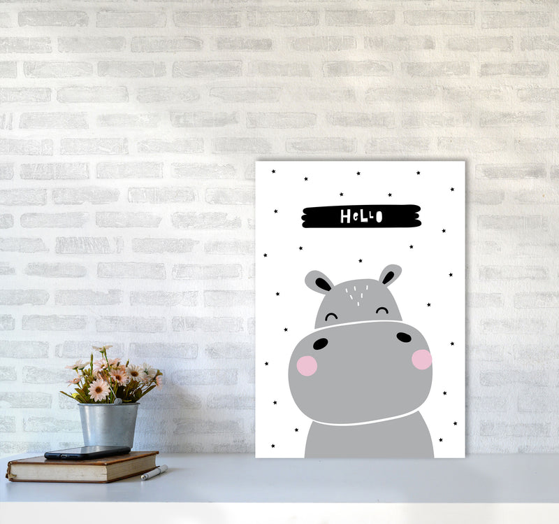 Hello Hippo Modern Print Animal Art Print A2 Black Frame