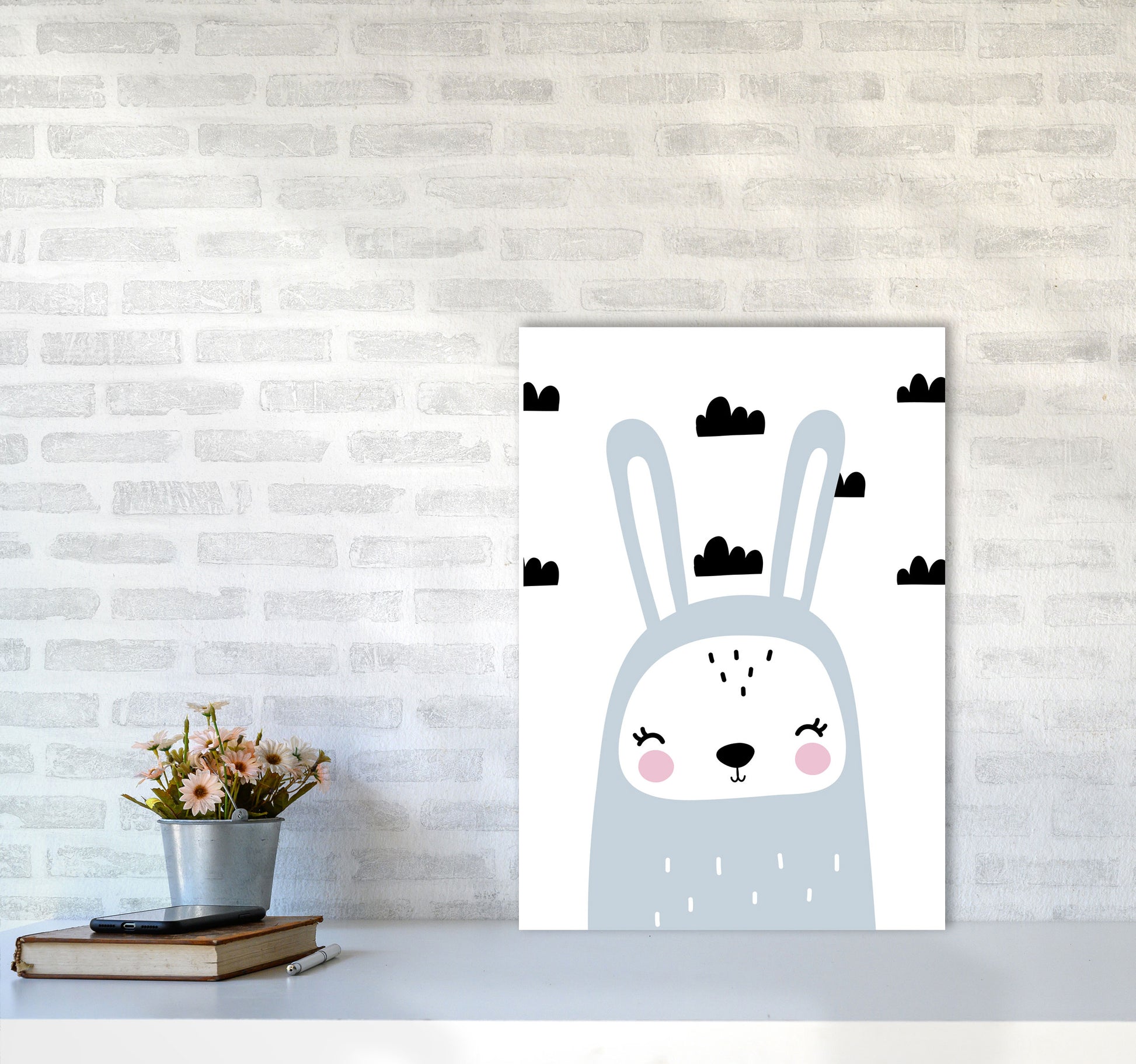 Blue Scandi Bunny With Clouds Modern Print Animal Art Print A2 Black Frame