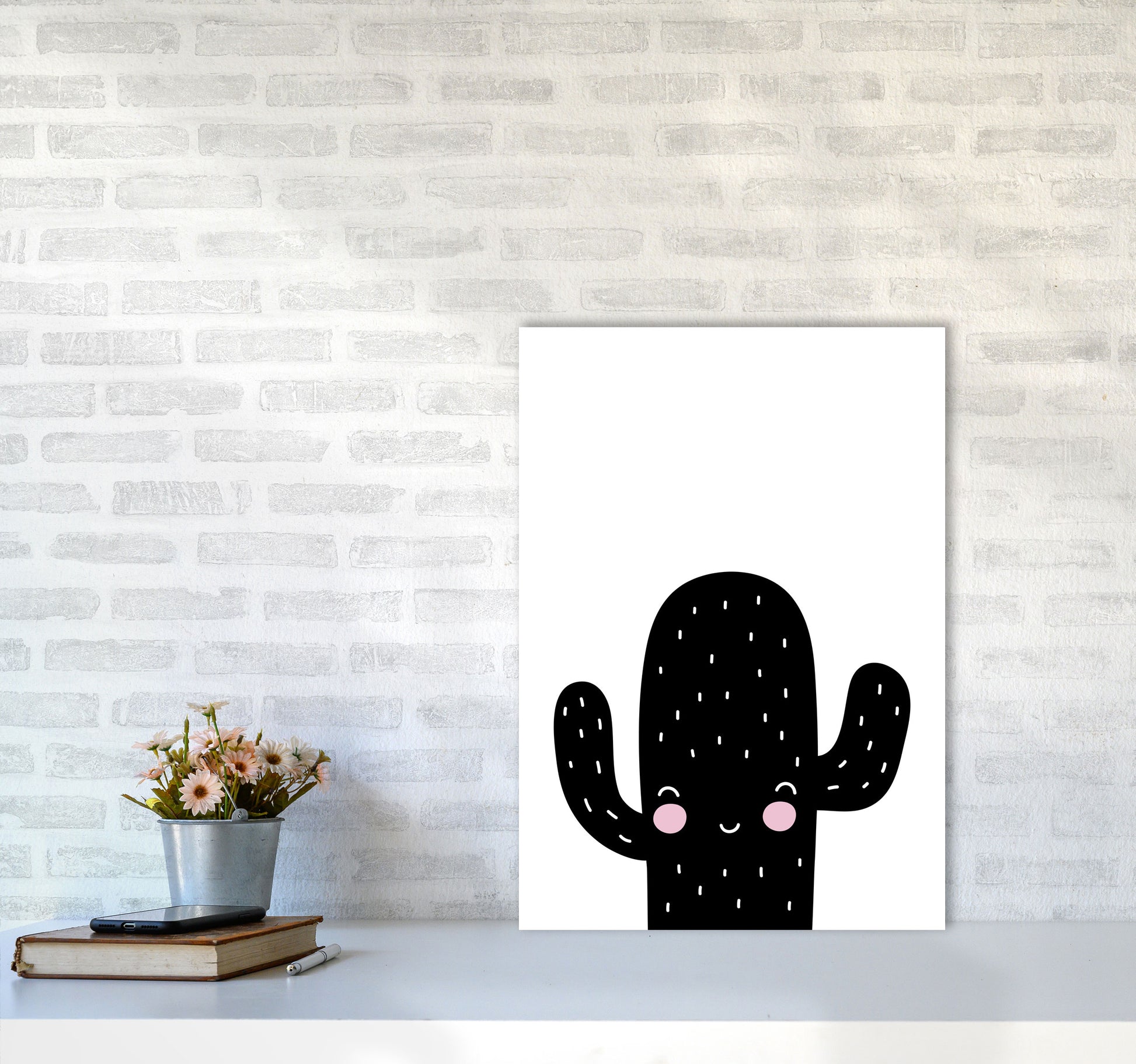 Black Scandi Cactus Modern Print, Framed Botanical & Nature Art Print A2 Black Frame