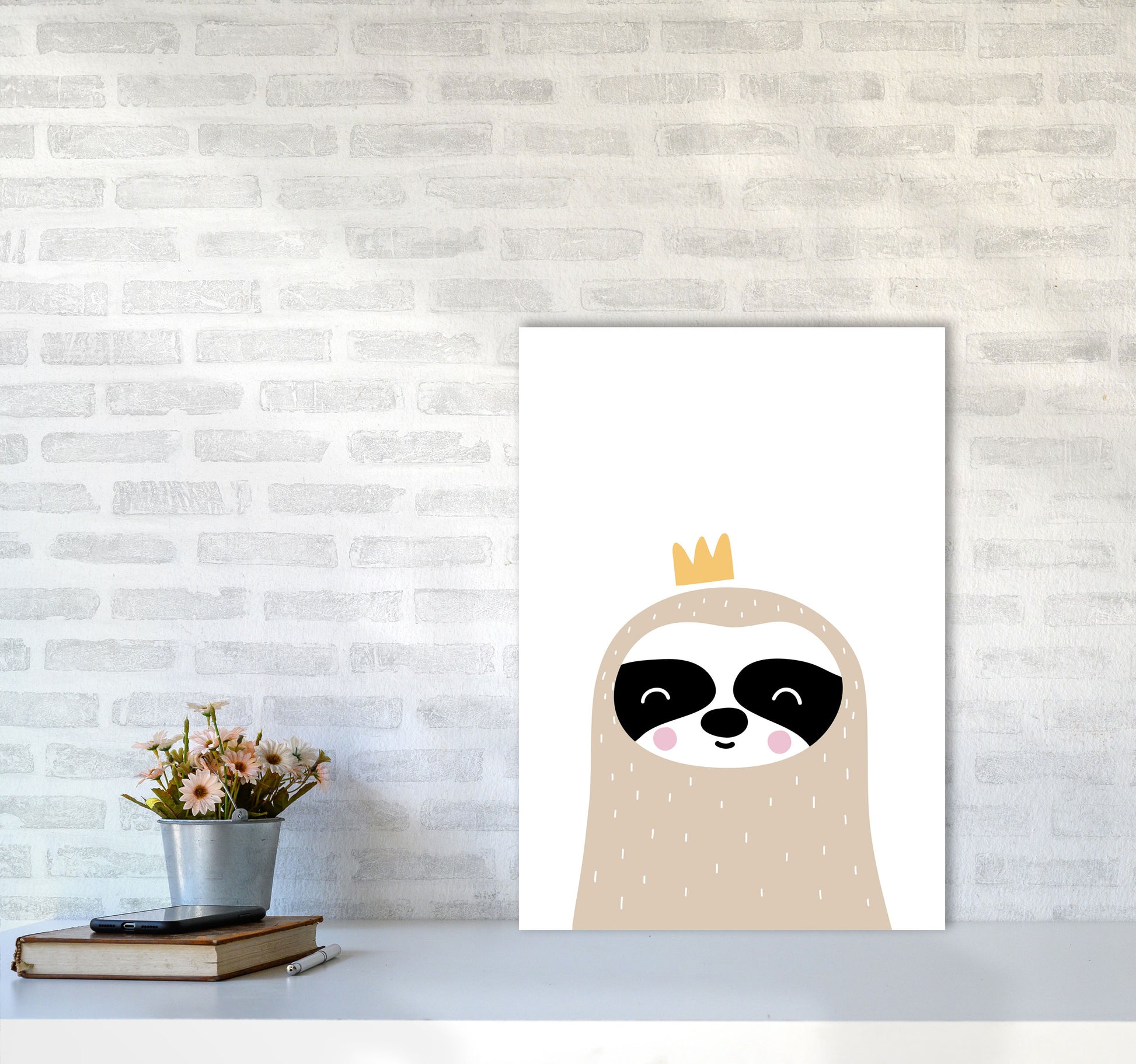 Scandi Sloth With Crown Framed Nursey Wall Art Print A2 Black Frame