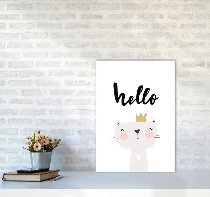Hello Scandi Cat Modern Print Animal Art Print A2 Black Frame