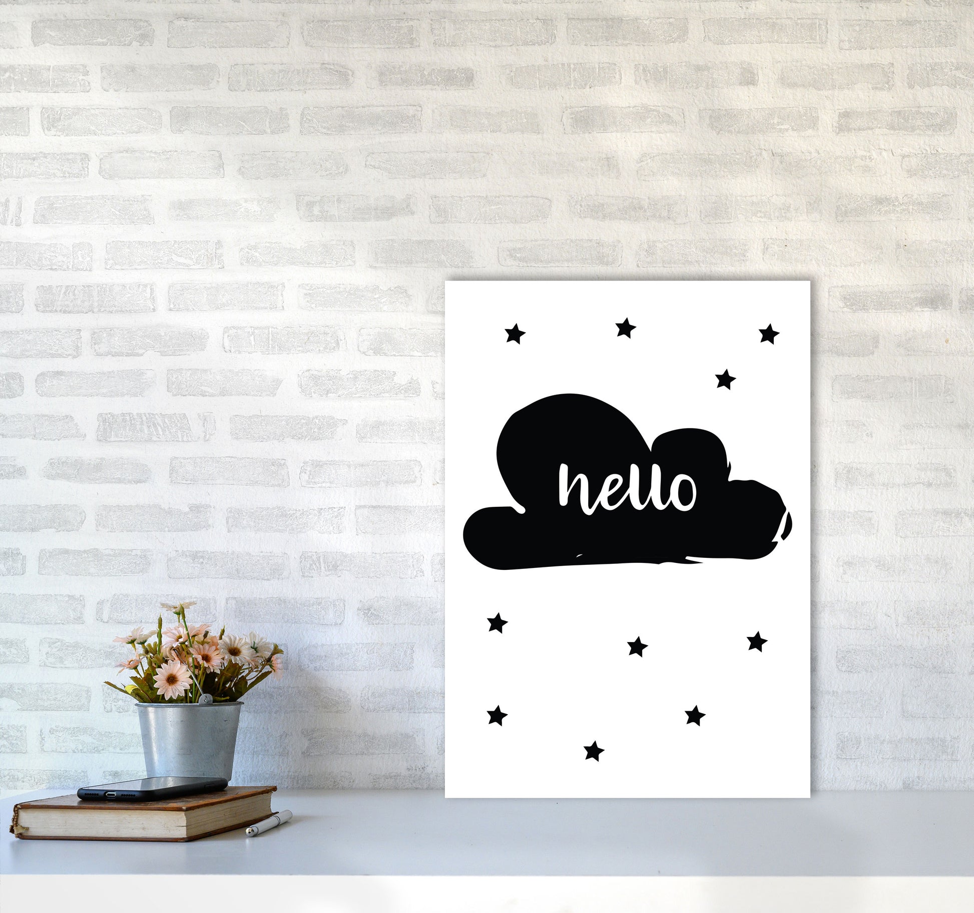 Hello Cloud Black Framed Nursey Wall Art Print A2 Black Frame