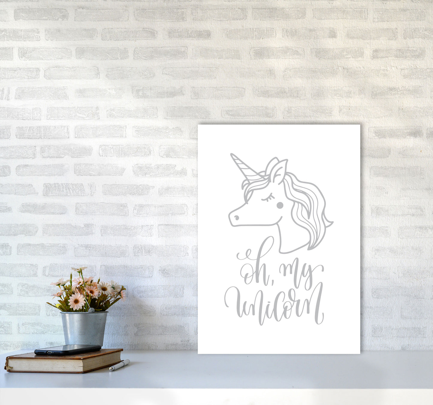 Oh My Unicorn Grey Framed Nursey Wall Art Print A2 Black Frame