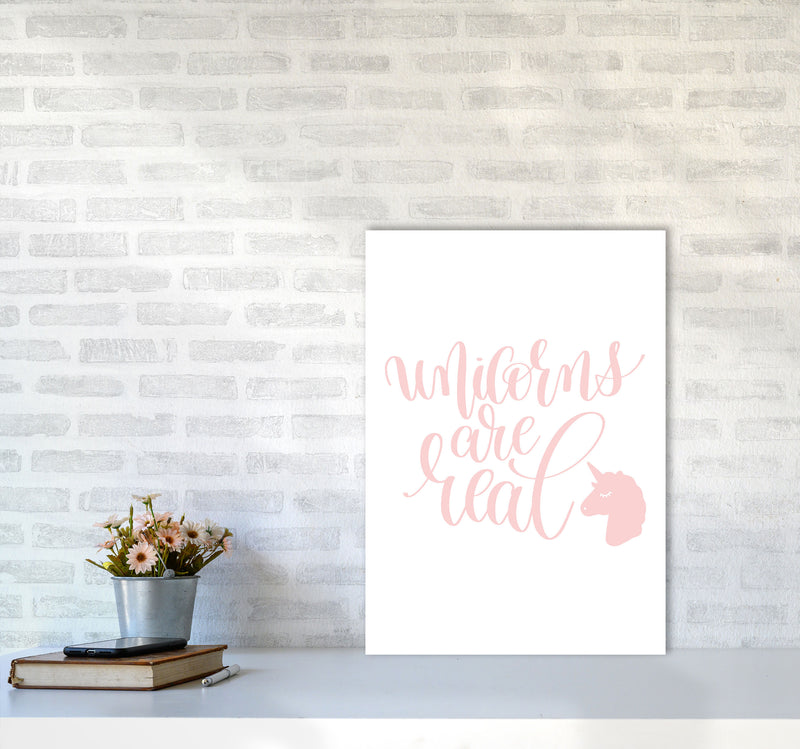 Unicorns Are Real Pink Modern Art Print, Framed Childrens Nursey Poster A2 Black Frame