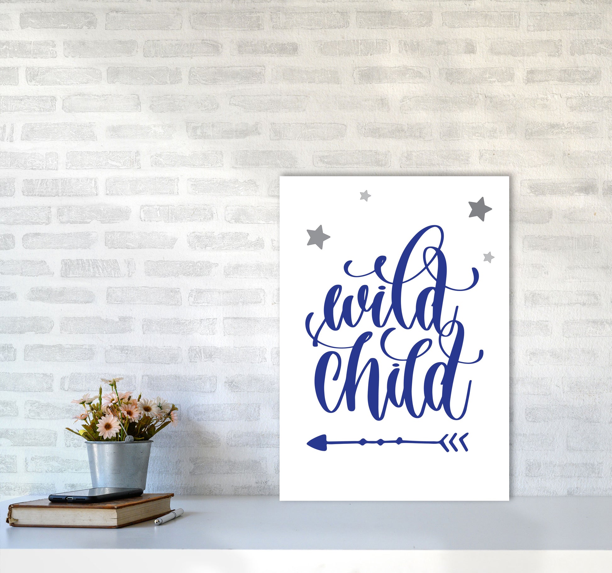 Wild Child Navy Framed Nursey Wall Art Print A2 Black Frame