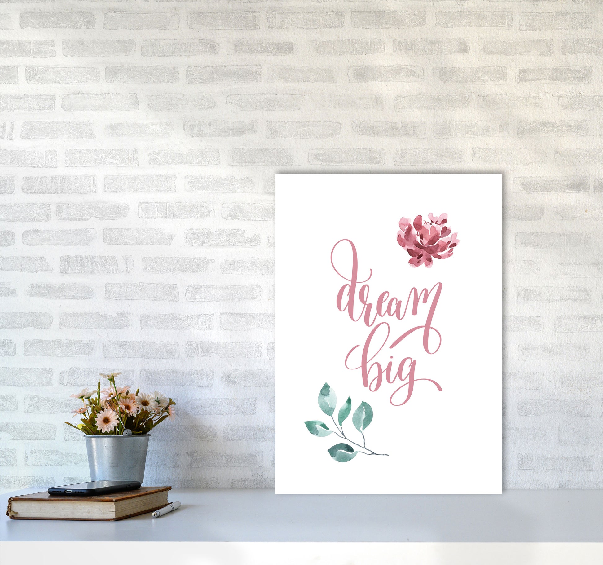 Dream Big Pink Floral Framed Typography Wall Art Print A2 Black Frame