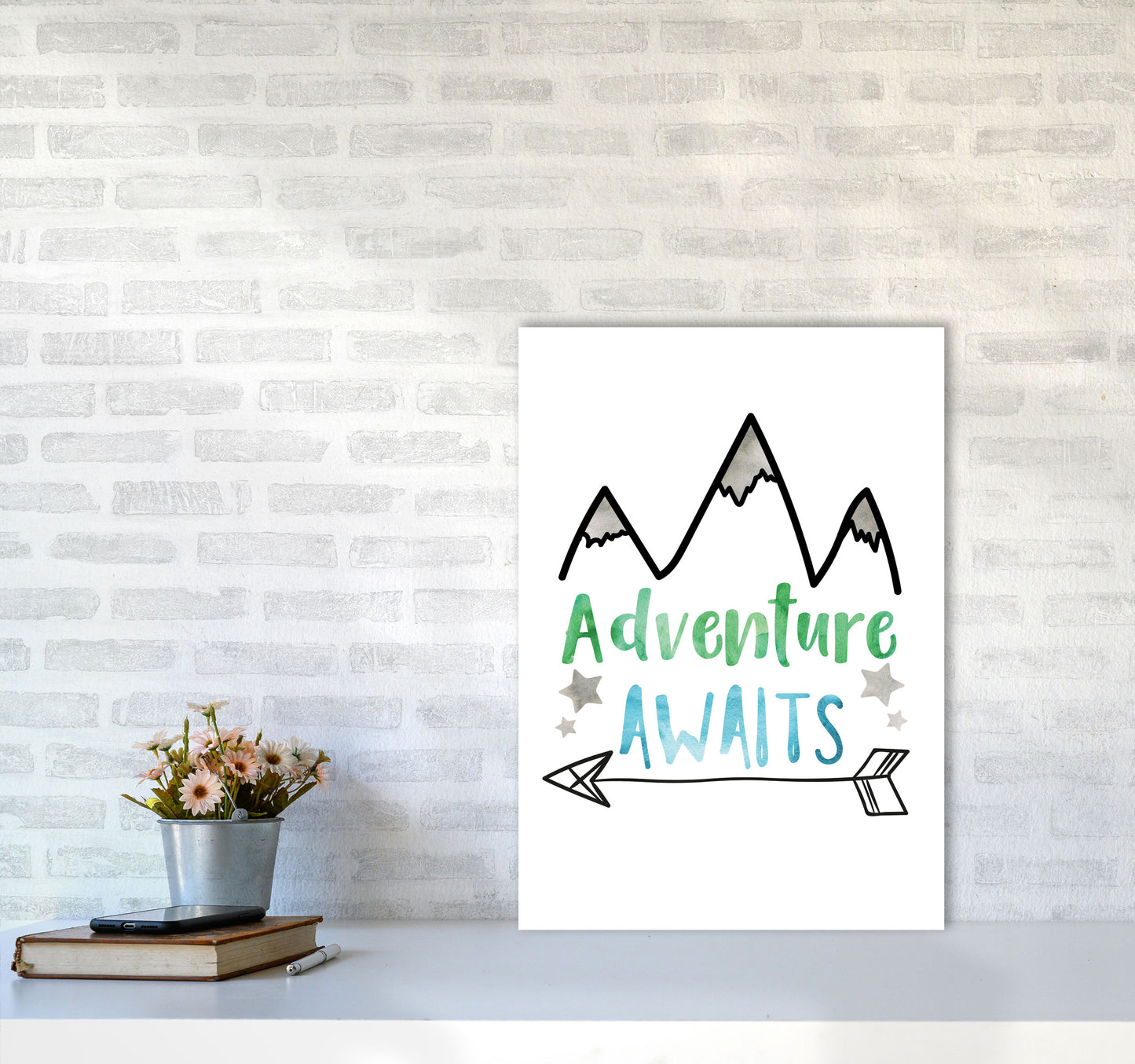 Adventure Awaits Watercolour Modern Print A2 Black Frame