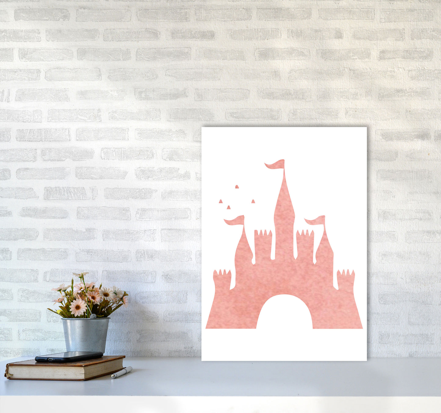 Peach Castle Watercolour Modern Print A2 Black Frame