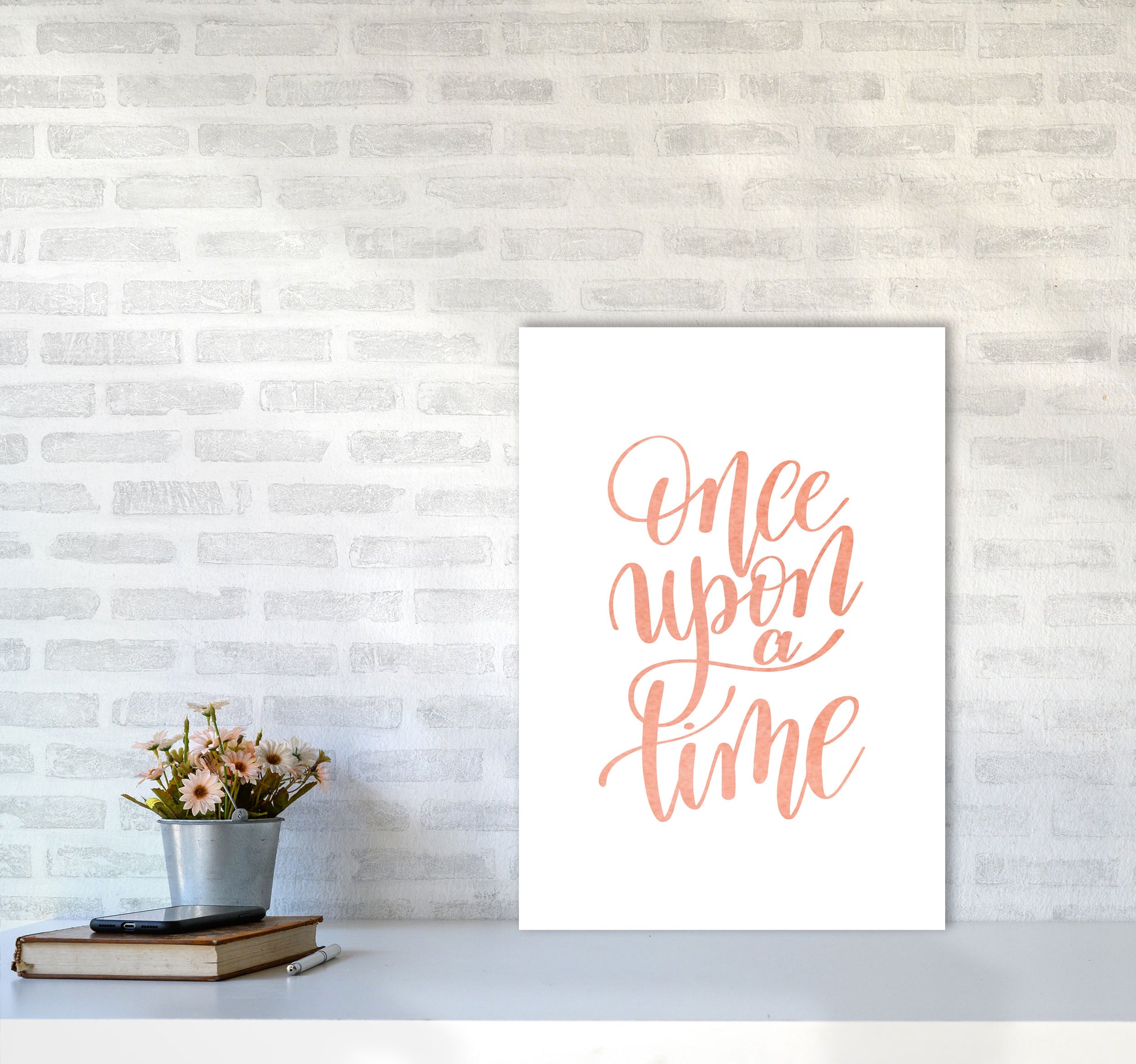 Once Upon A Time Peach Watercolour Framed Typography Wall Art Print A2 Black Frame
