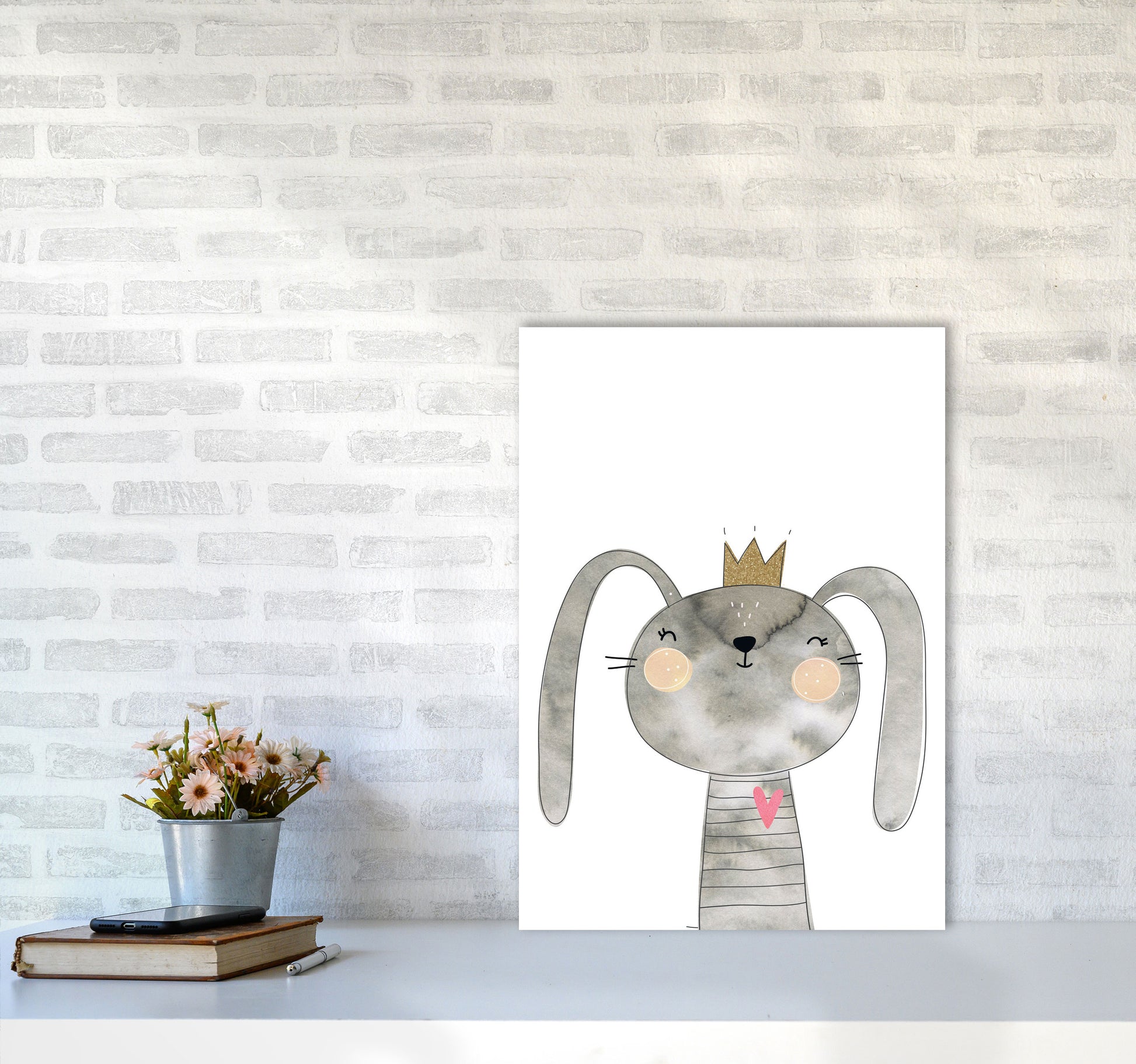 Scandi Grey Bunny Watercolour Framed Nursey Wall Art Print A2 Black Frame