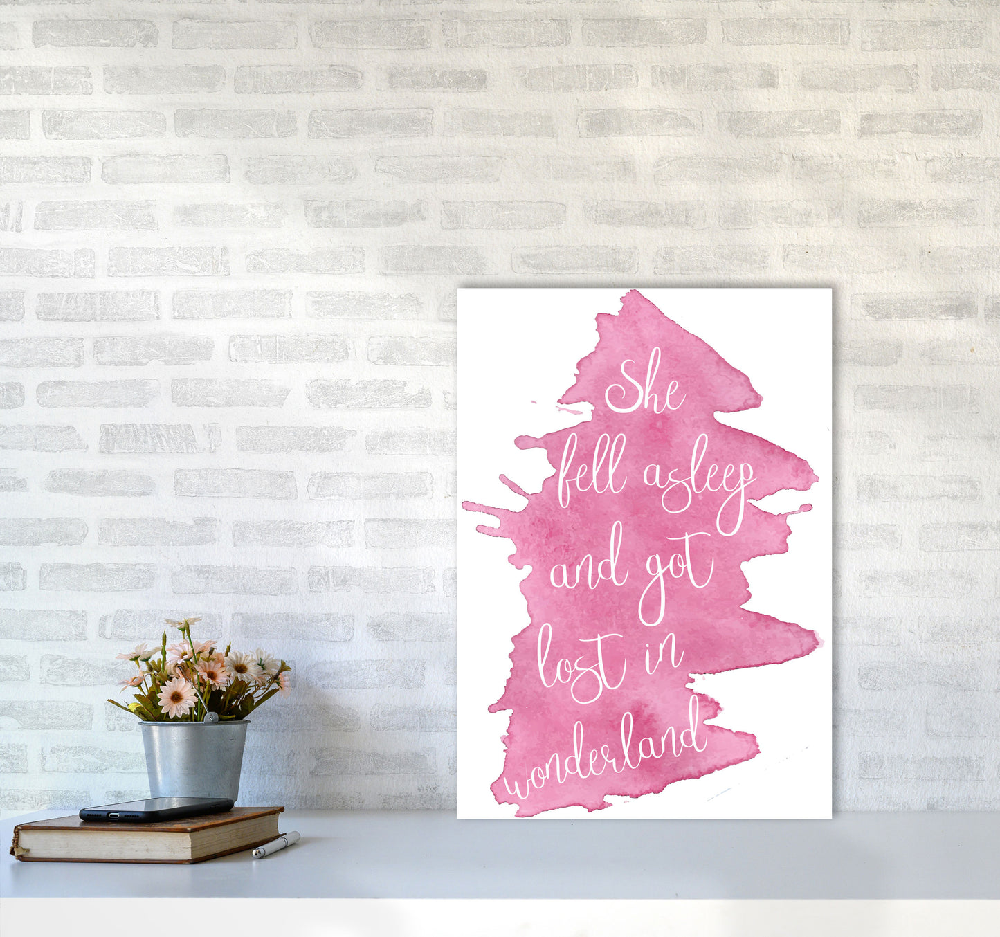 Wonderland Pink Watercolour Modern Print A2 Black Frame