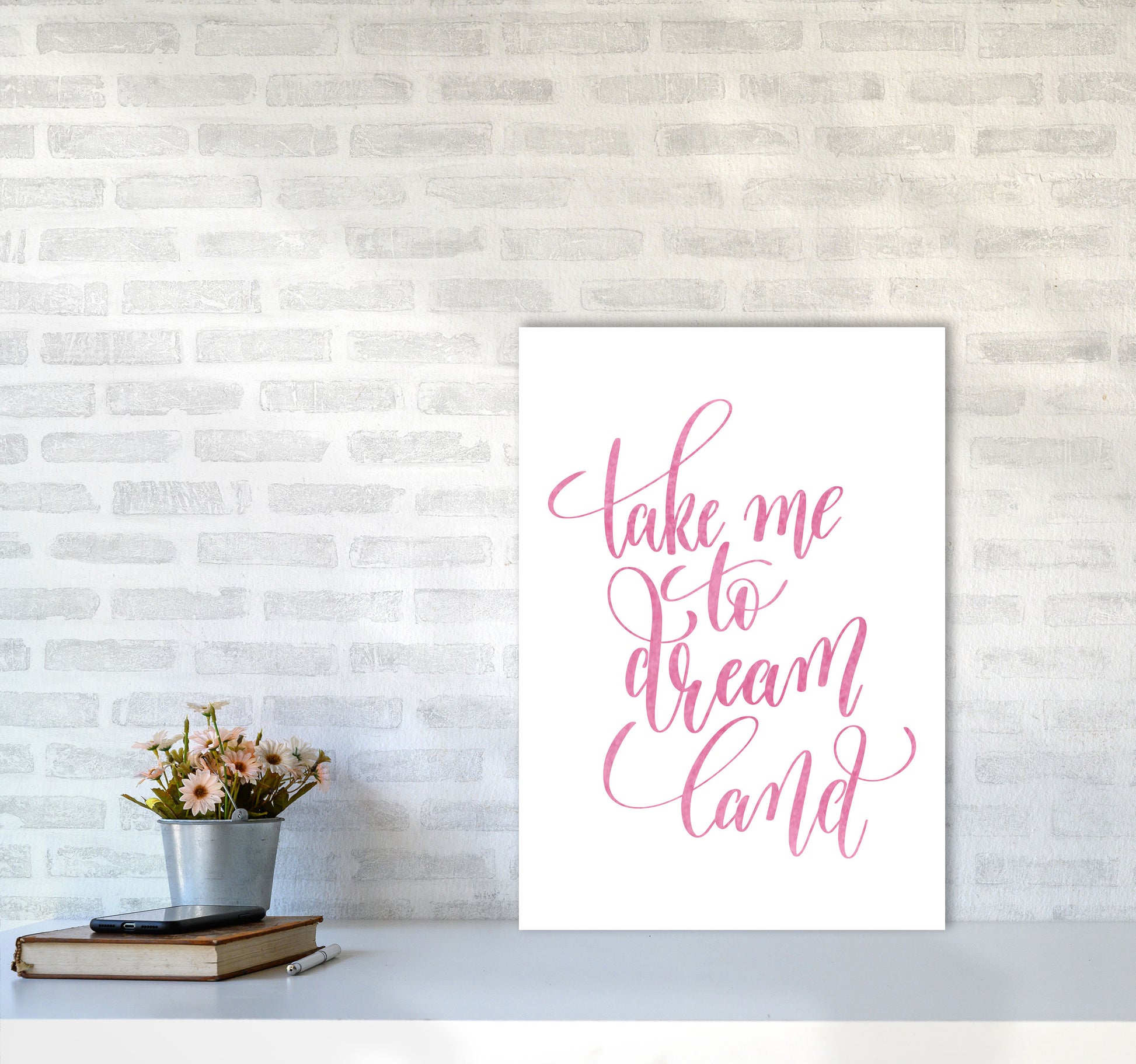 Take Me To Dreamland Pink Watercolour Modern Print A2 Black Frame