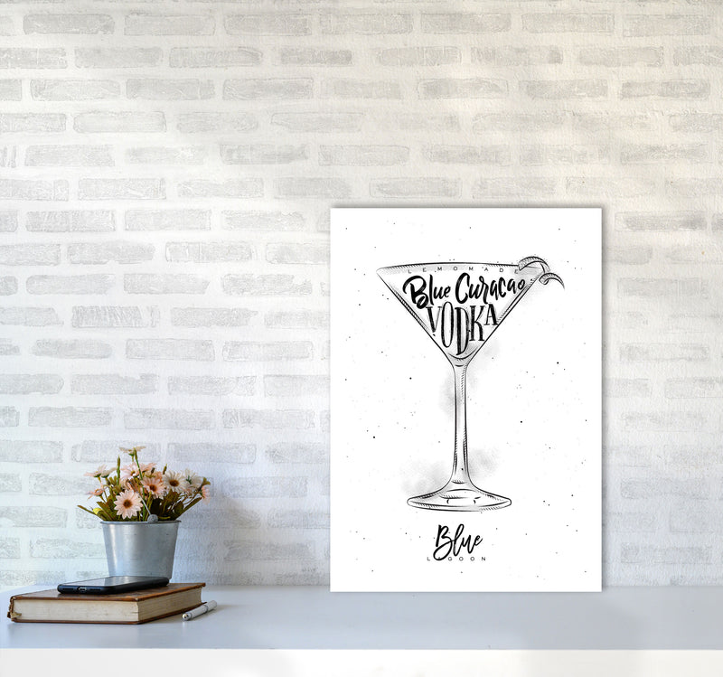 Blue Lagoon Cocktail Modern Print, Framed Kitchen Wall Art A2 Black Frame