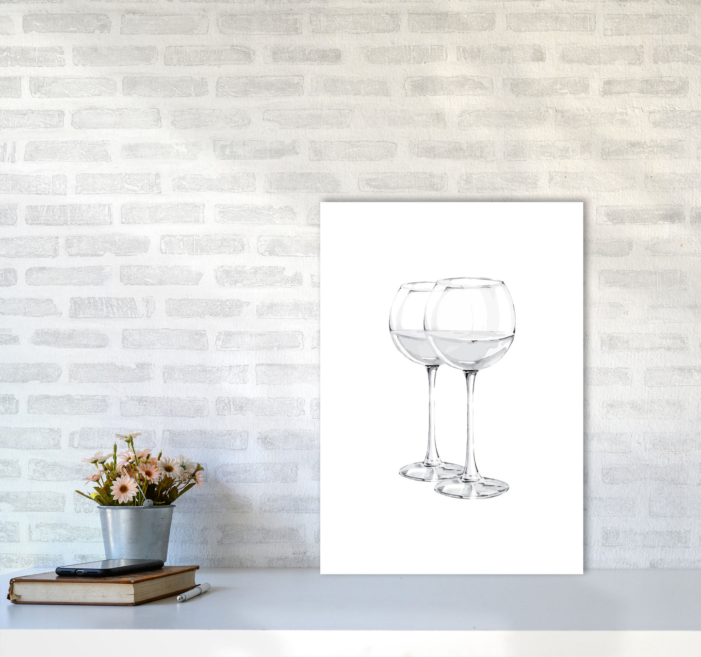 White Wine Glasses Modern Print, Framed Kitchen Wall Art A2 Black Frame