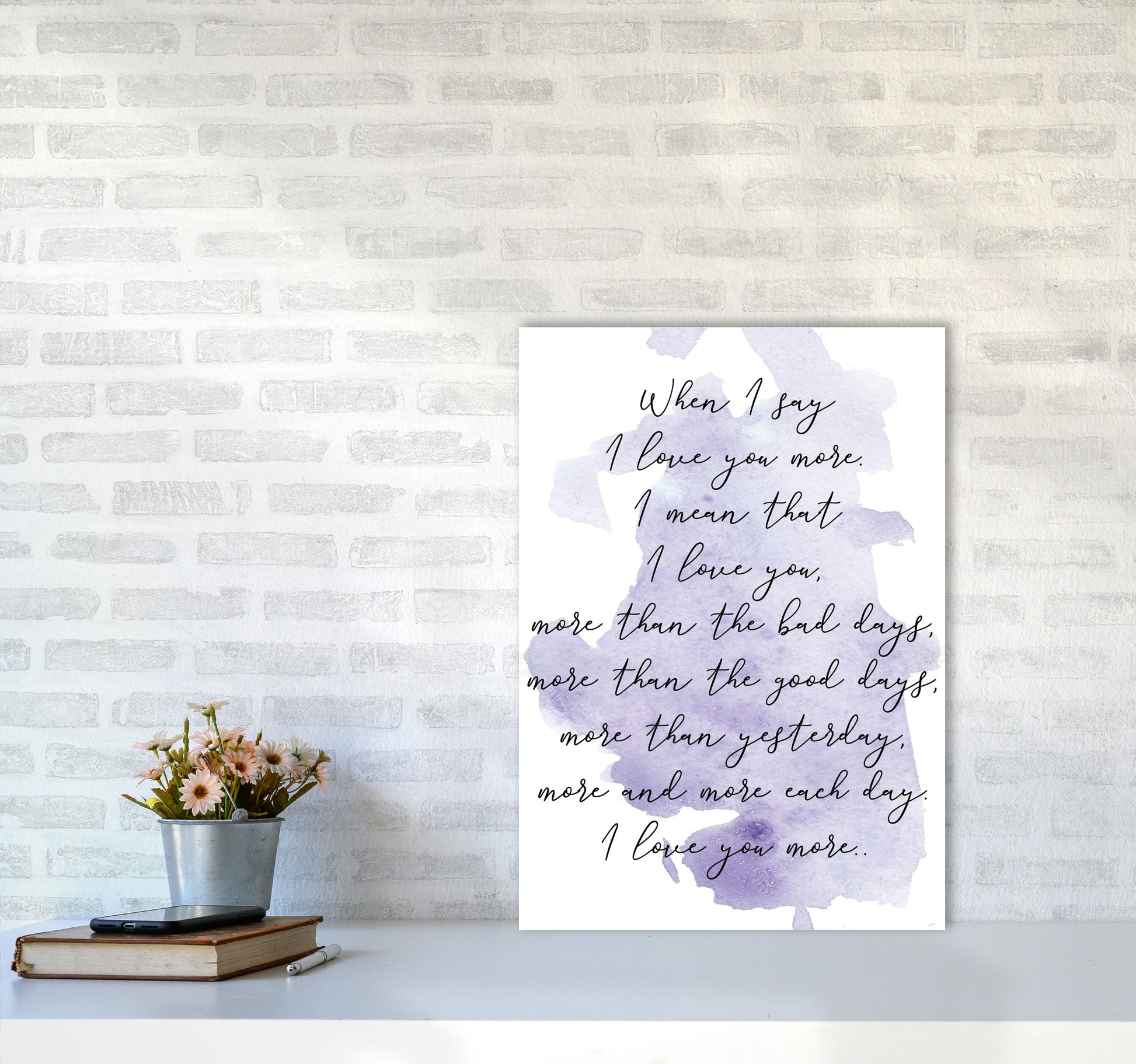 Love You More Purple Watercolour Modern Print A2 Black Frame