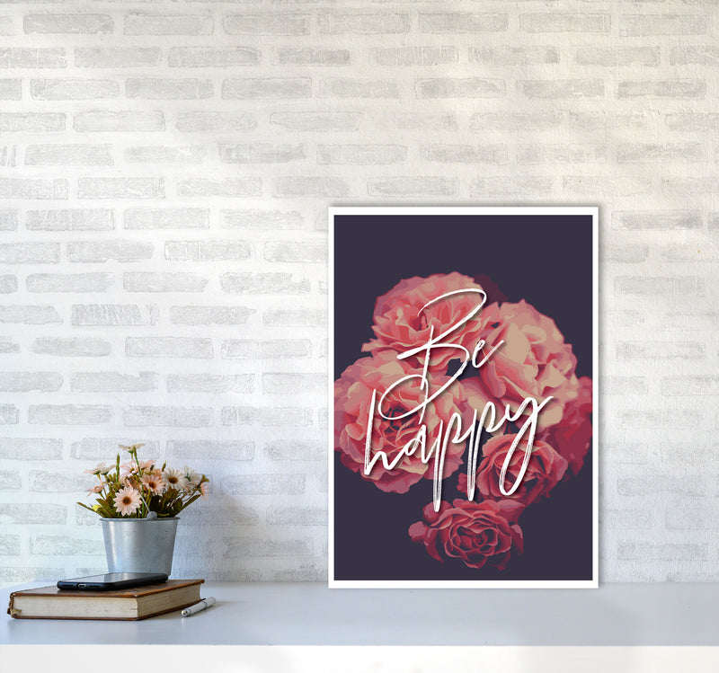 Be Happy Floral Modern Print, Framed Botanical & Nature Art Print A2 Black Frame