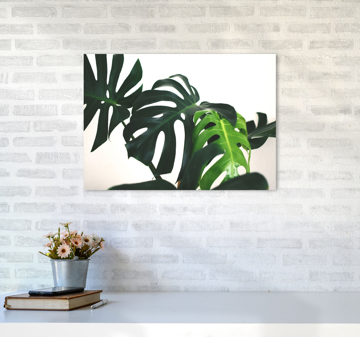 Monstera Leaf Landscape Modern Print, Framed Botanical & Nature Art Print A2 Black Frame
