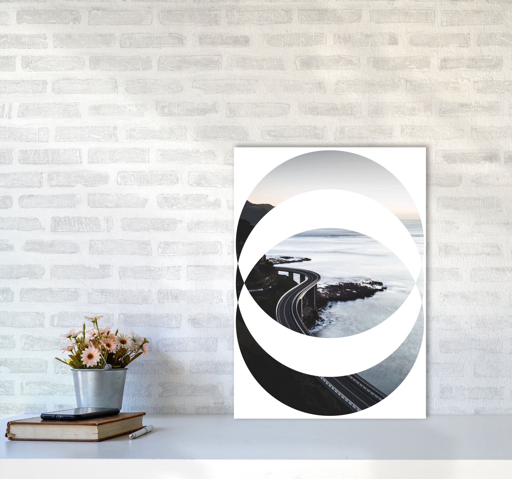 Black Road Oval Modern Print, Framed Botanical & Nature Art Print A2 Black Frame