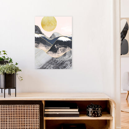 Gold Moon Navy Marble Mountains  Art Print by Pixy Paper A2 Black Frame