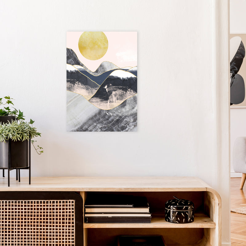 Gold Moon Navy Marble Mountains  Art Print by Pixy Paper A2 Black Frame